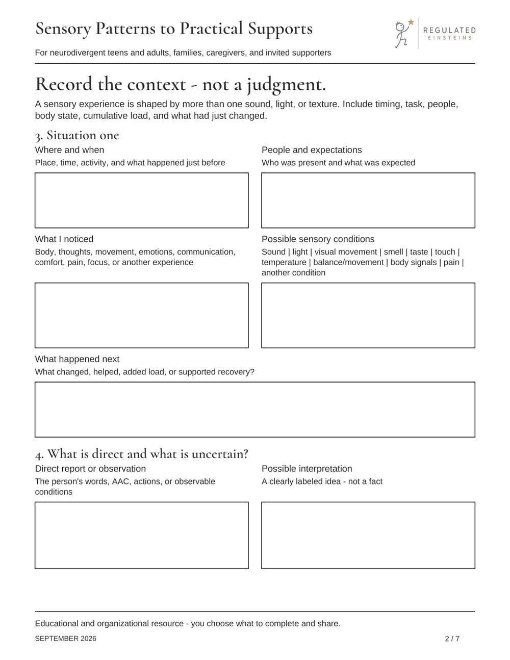 Page 2 of Sensory Patterns to Practical Supports: Record the context - not a judgment.
