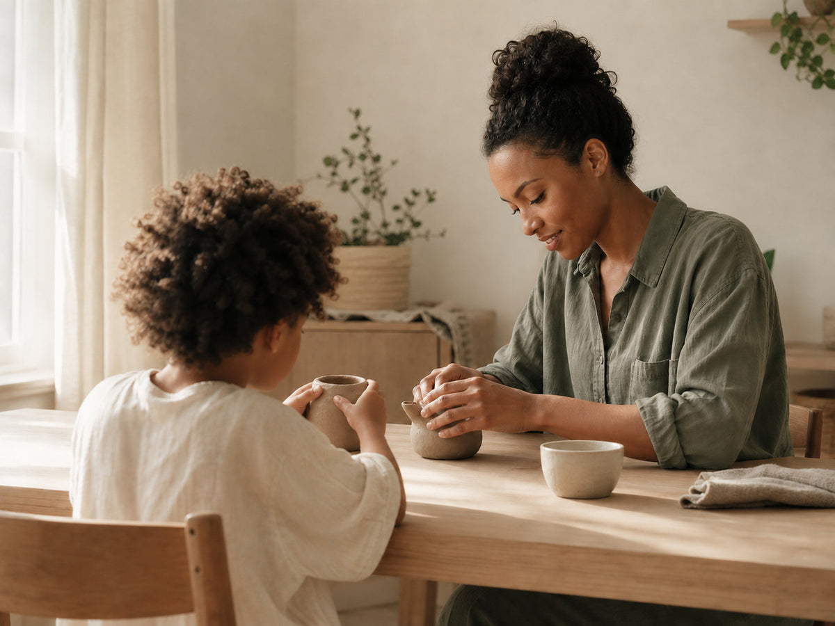 An adult and child shaping clay together at a wooden table beside a window.