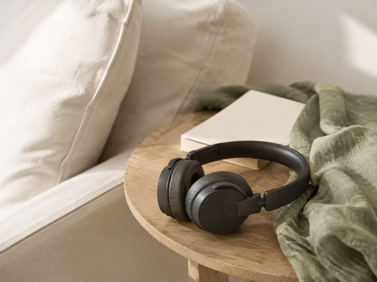 Charcoal headphones, a closed notebook and sage linen on a wooden side table.
