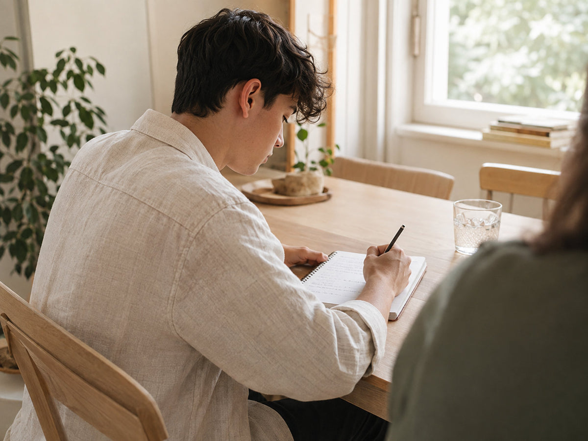 A person writing in a notebook at a sunlit wooden table, with another person seated nearby.