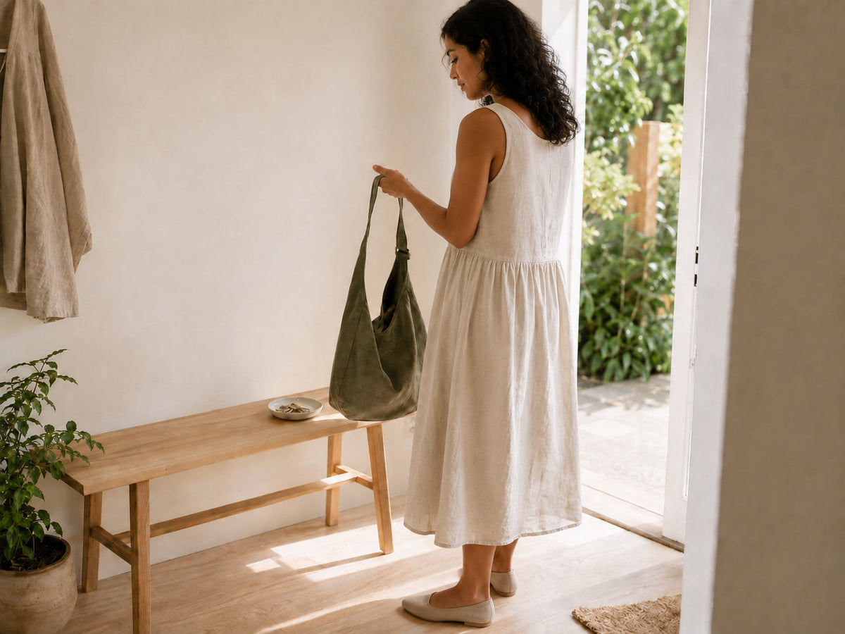 A person in a linen dress holding a sage shoulder bag by an open doorway.