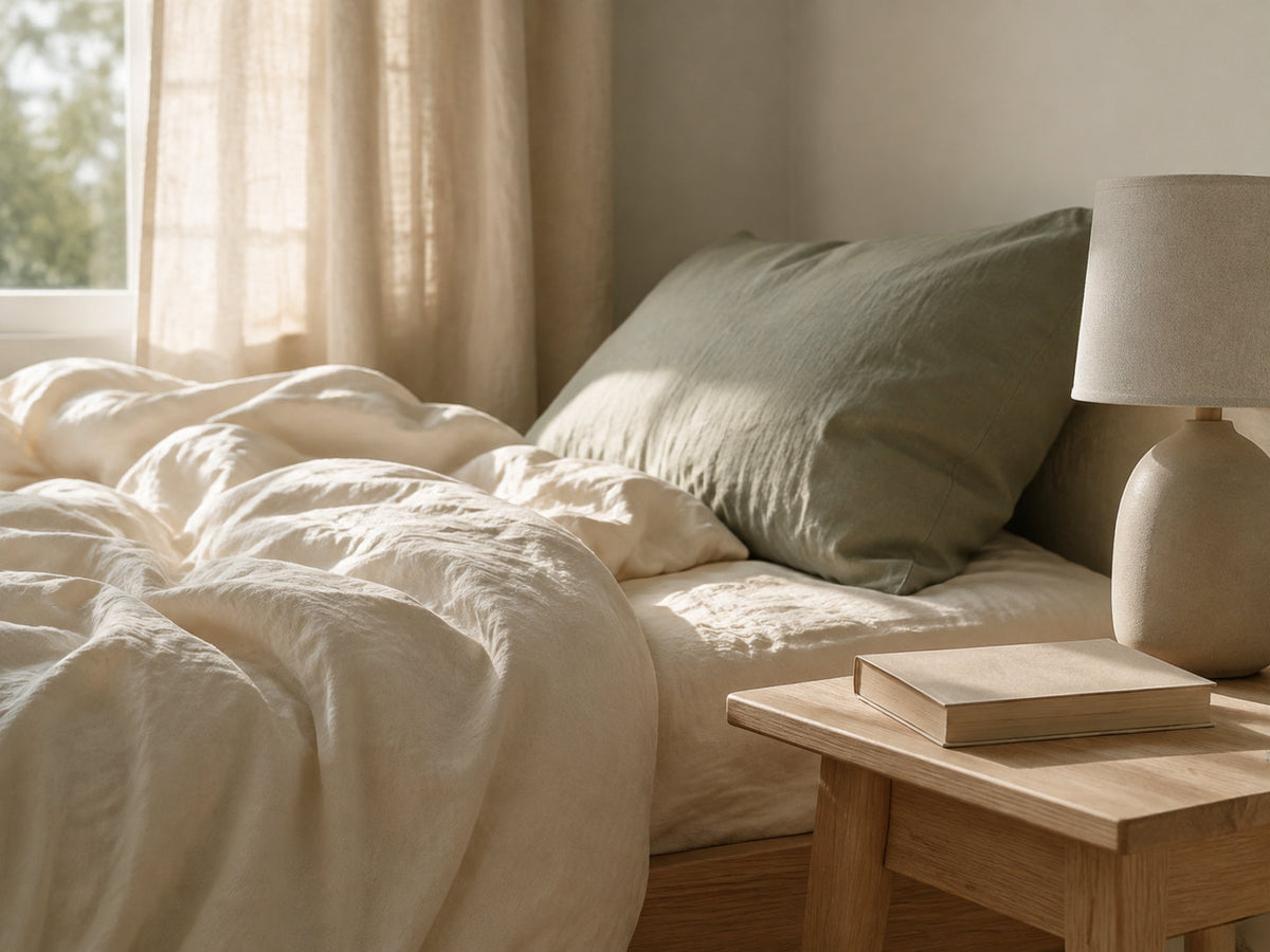 Cream linen bedding, a sage pillow and a book beside a softly lit window.