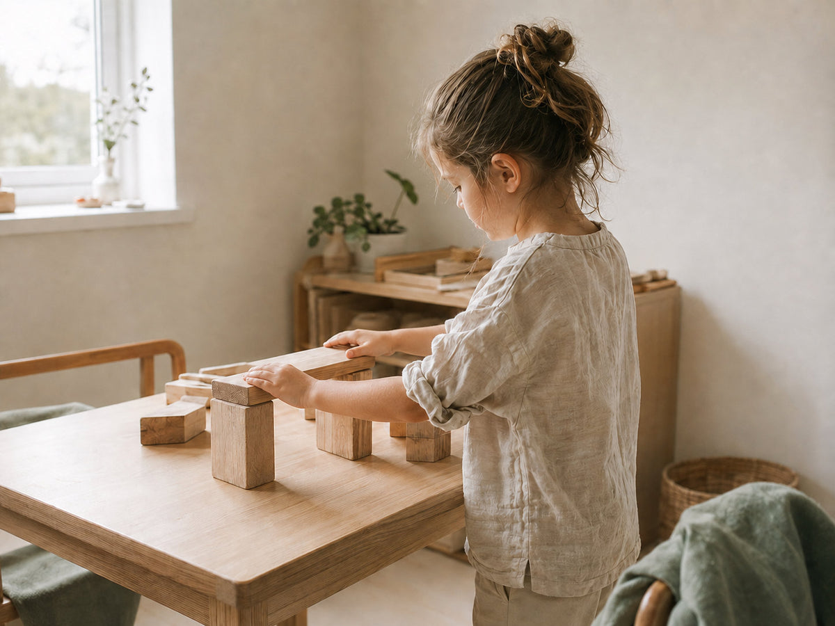 A child arranging wooden blocks at a table in a sunlit room.