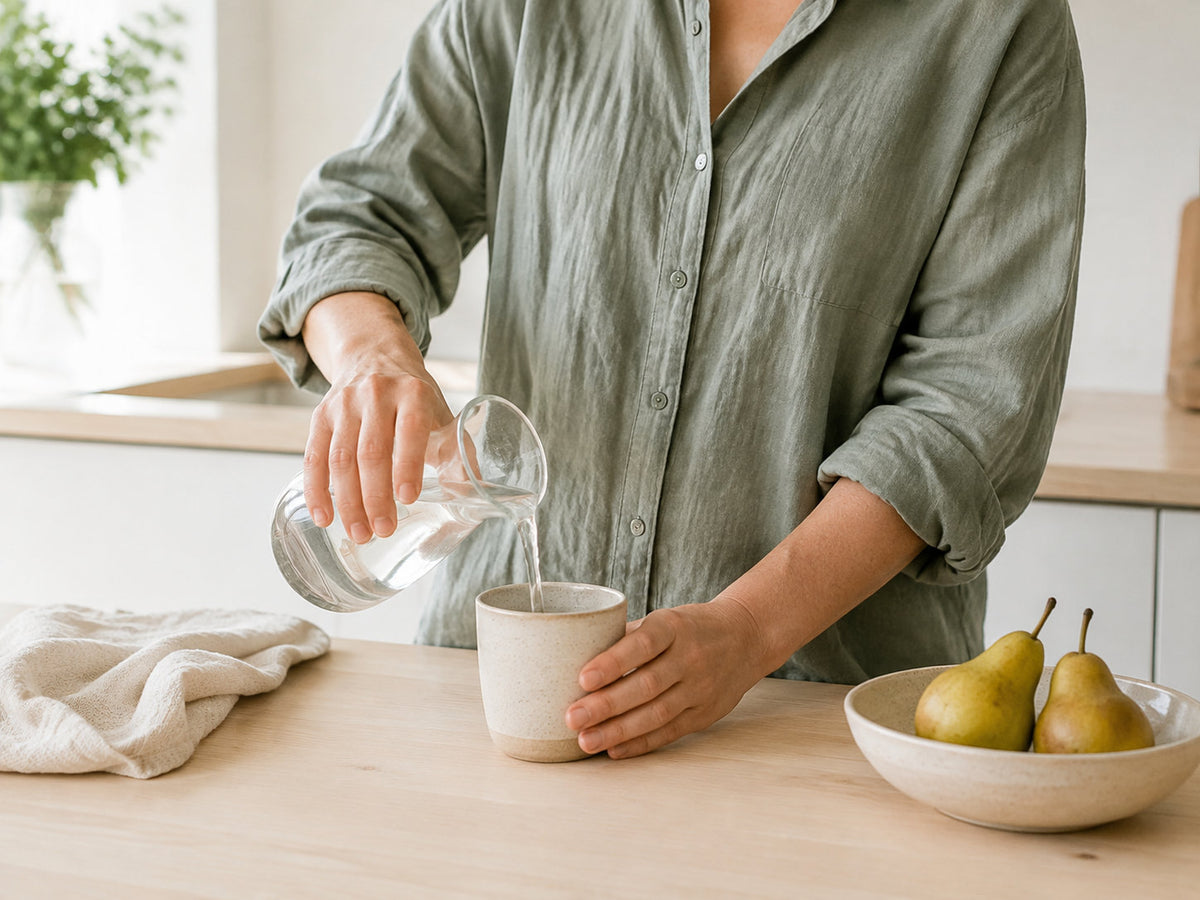 Hands pouring water from a glass jug into a ceramic cup on a wooden counter.