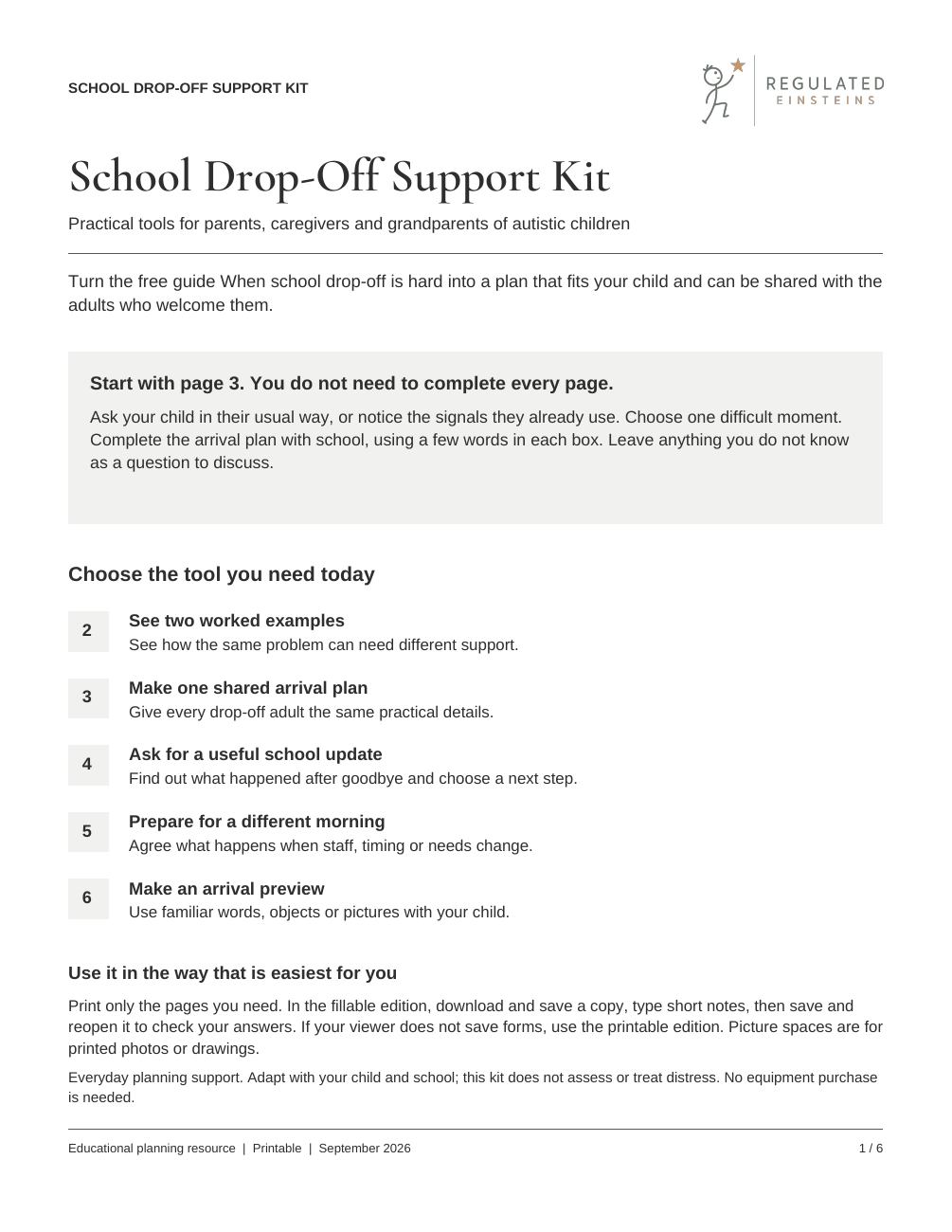 Opening page of School Drop-Off Support Kit, showing the quick start and included tools
