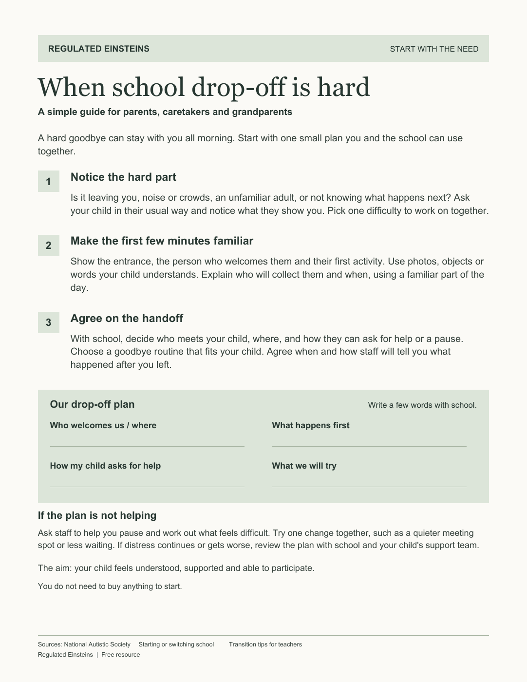 Actual page of When school drop-off is hard, a free guide for parents, caretakers and grandparents