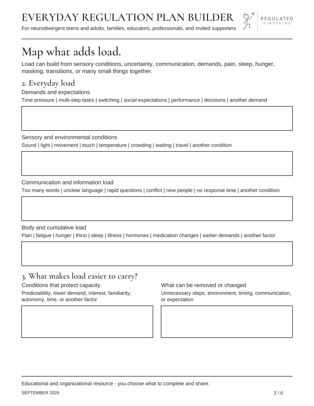 Page 2 of Everyday Regulation Plan Builder: Map what adds load.