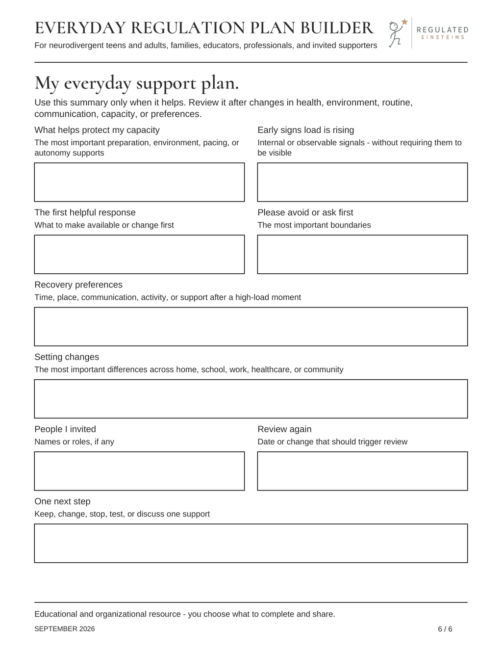 Page 6 of Everyday Regulation Plan Builder: My everyday support plan.