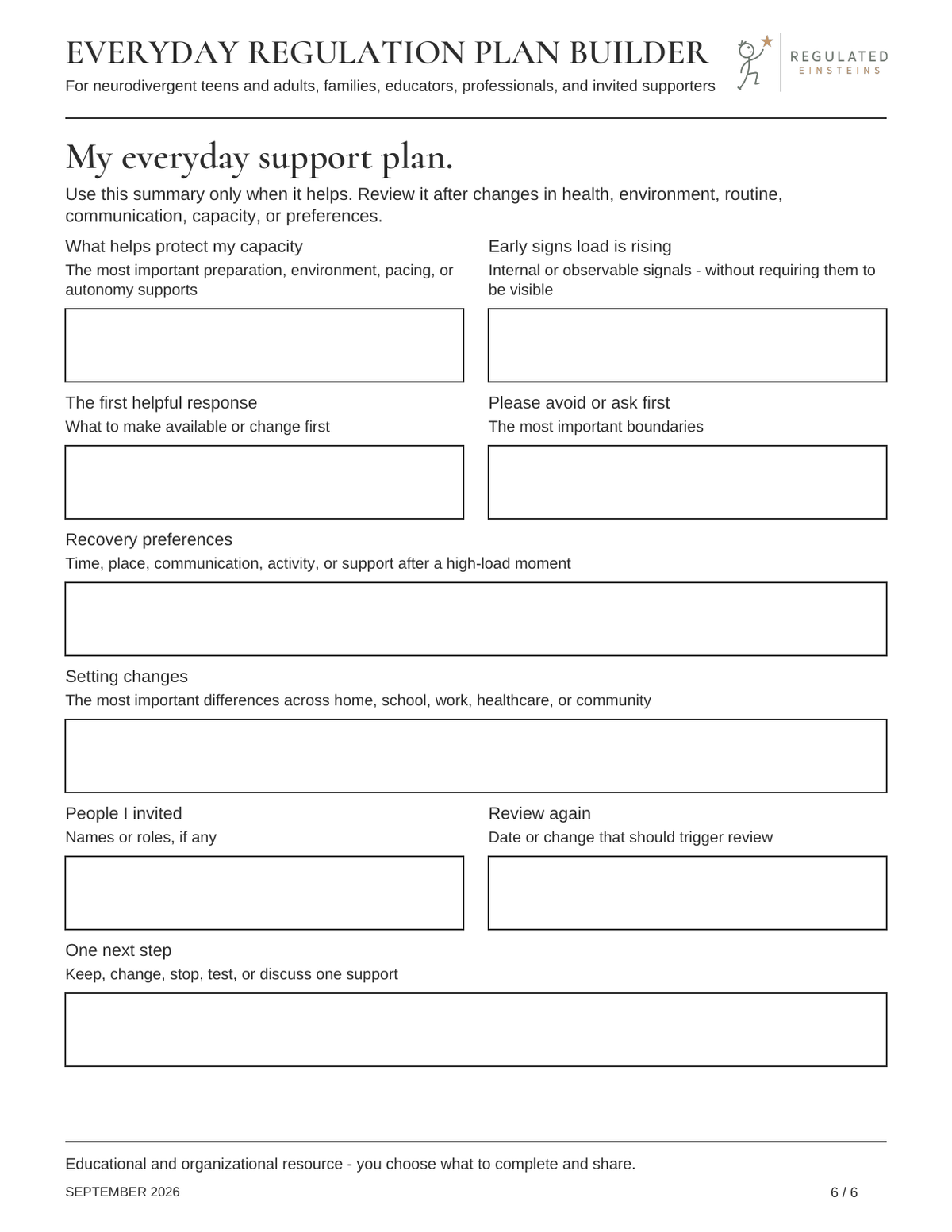 Page 6 of Everyday Regulation Plan Builder: My everyday support plan.