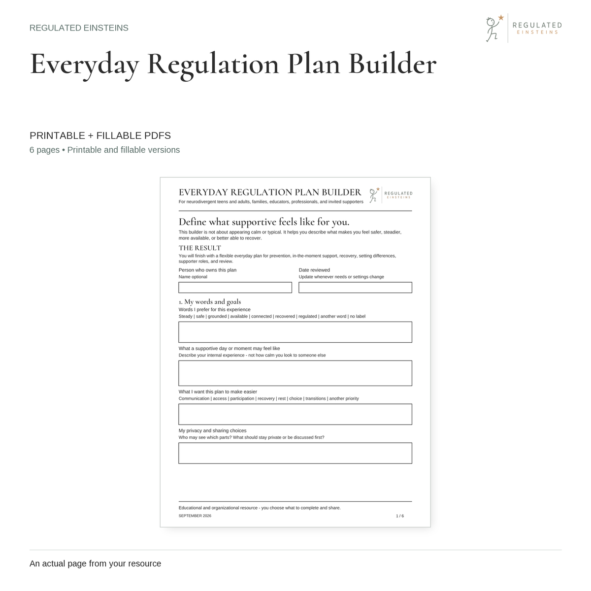 Everyday Regulation Plan Builder - printable and fillable PDFs, showing the actual opening page