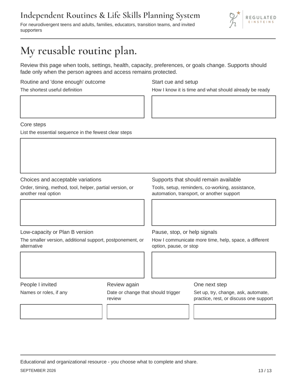 Page 13 of Independent Routines & Life Skills Planning System: My reusable routine plan.