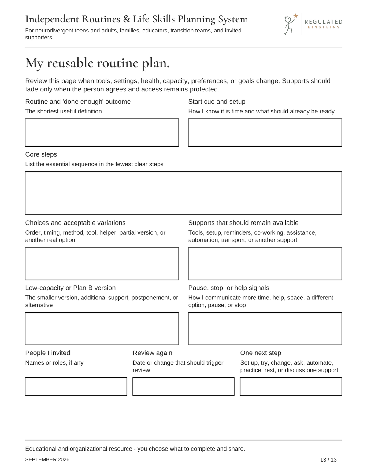 Page 13 of Independent Routines & Life Skills Planning System: My reusable routine plan.
