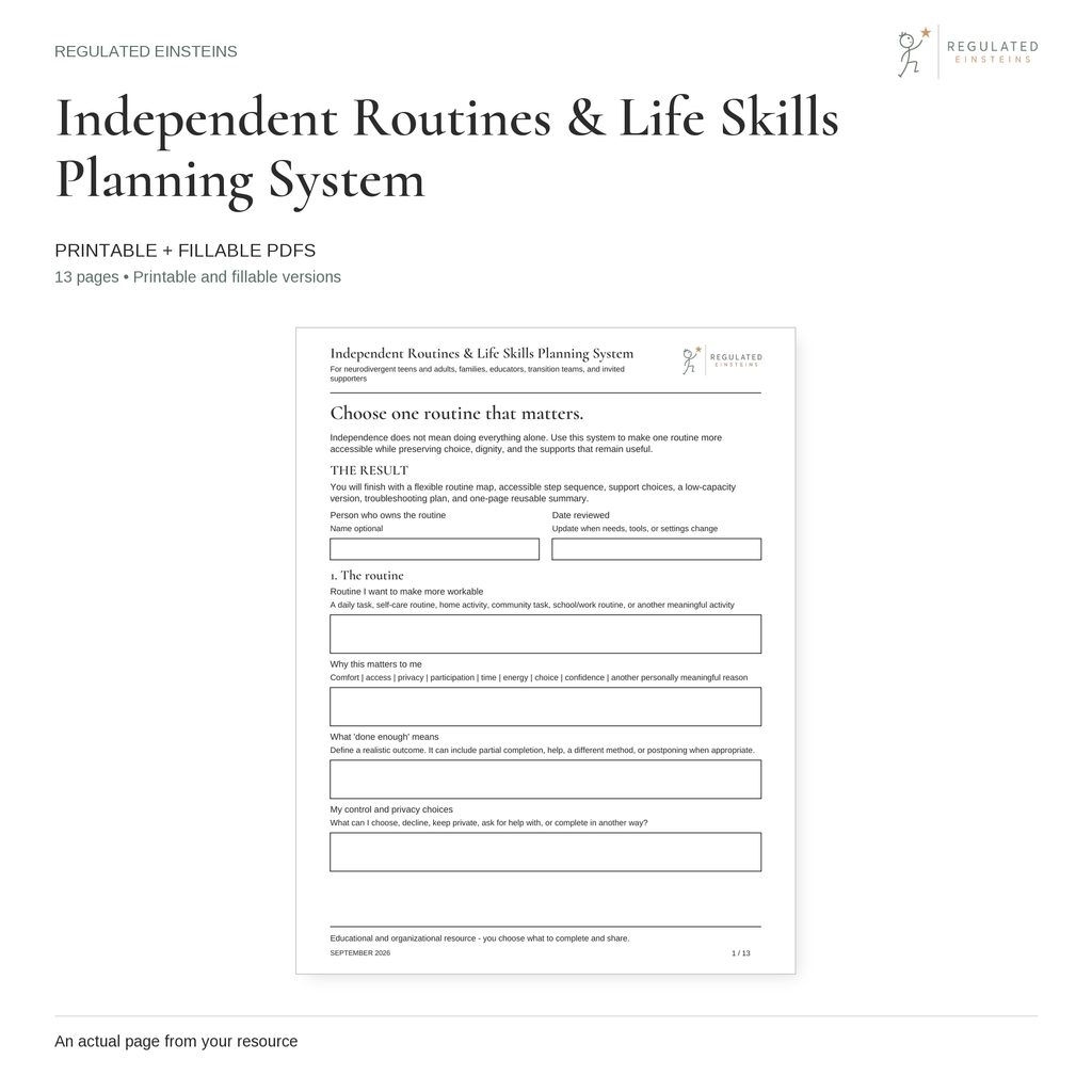 Independent Routines & Life Skills Planning System - printable and fillable PDFs, showing the actual opening page
