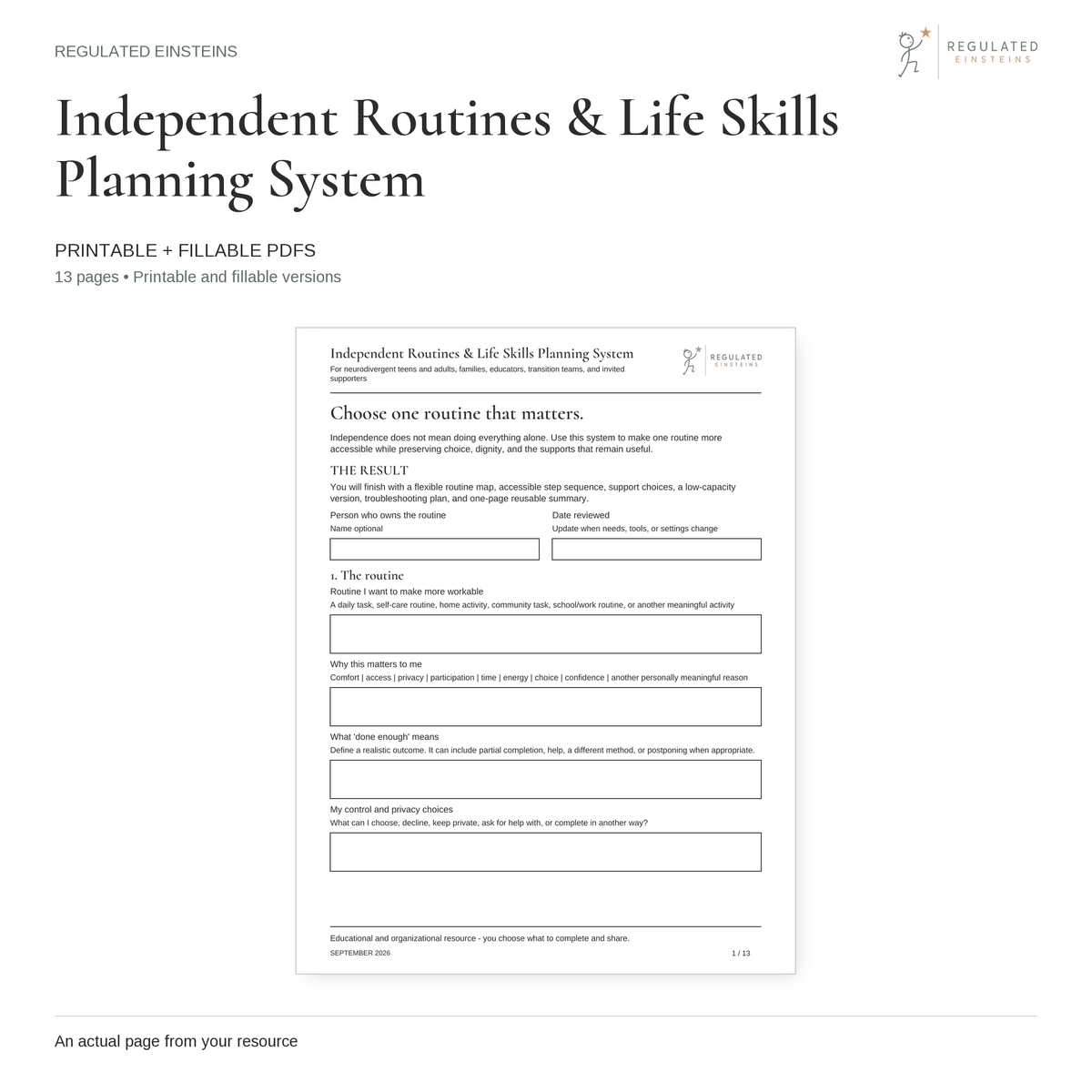 Independent Routines & Life Skills Planning System - printable and fillable PDFs, showing the actual opening page