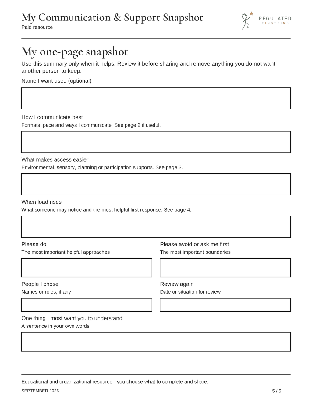 Page 5 of My Communication & Support Snapshot: My one-page snapshot