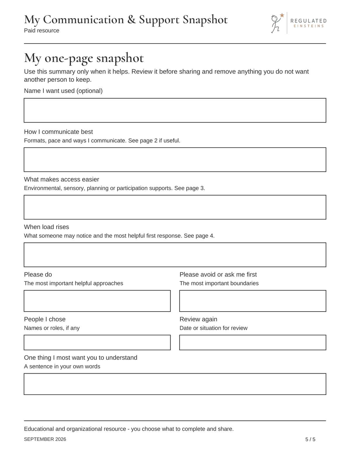 Page 5 of My Communication & Support Snapshot: My one-page snapshot
