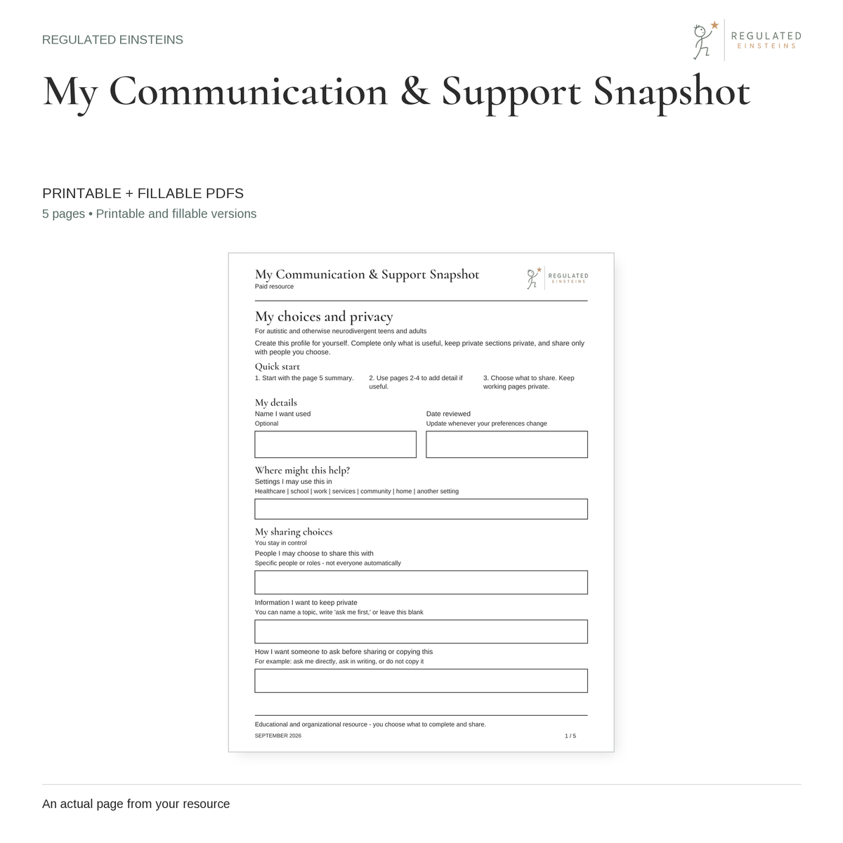 My Communication & Support Snapshot - printable and fillable PDFs, showing the actual opening page