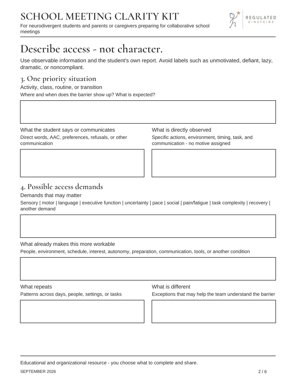 Page 2 of School Meeting Clarity Kit: Describe access - not character.