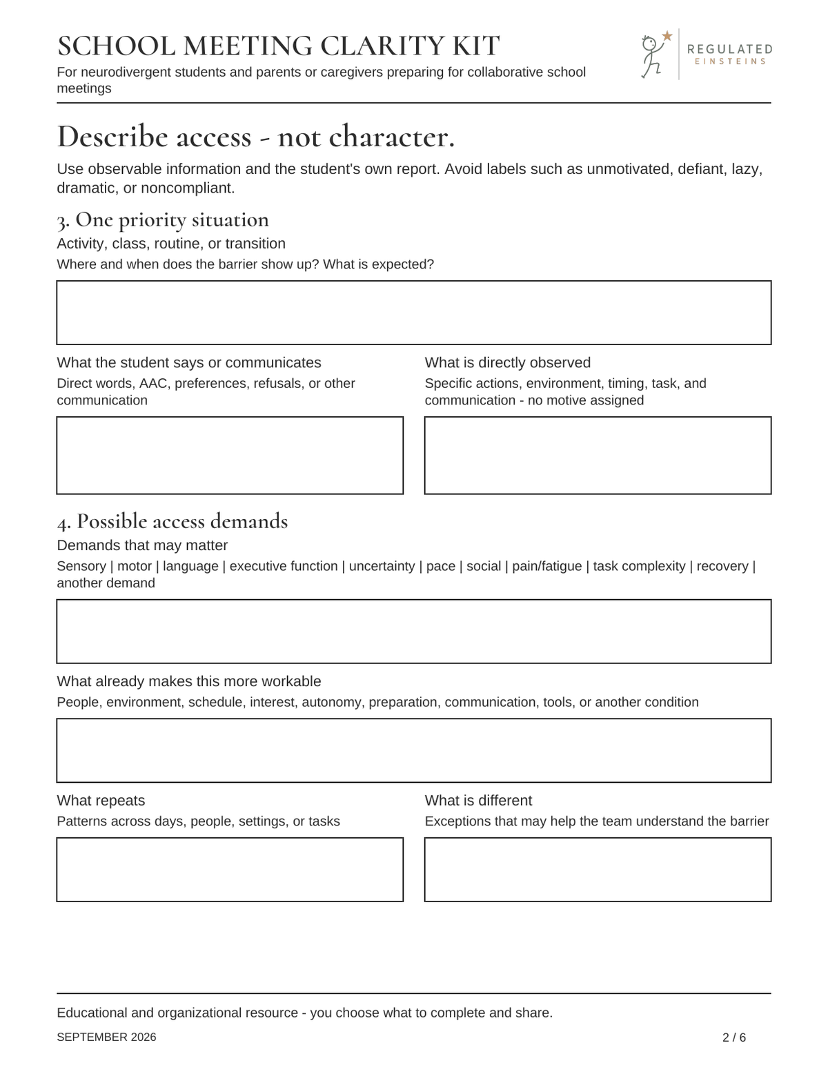 Page 2 of School Meeting Clarity Kit: Describe access - not character.