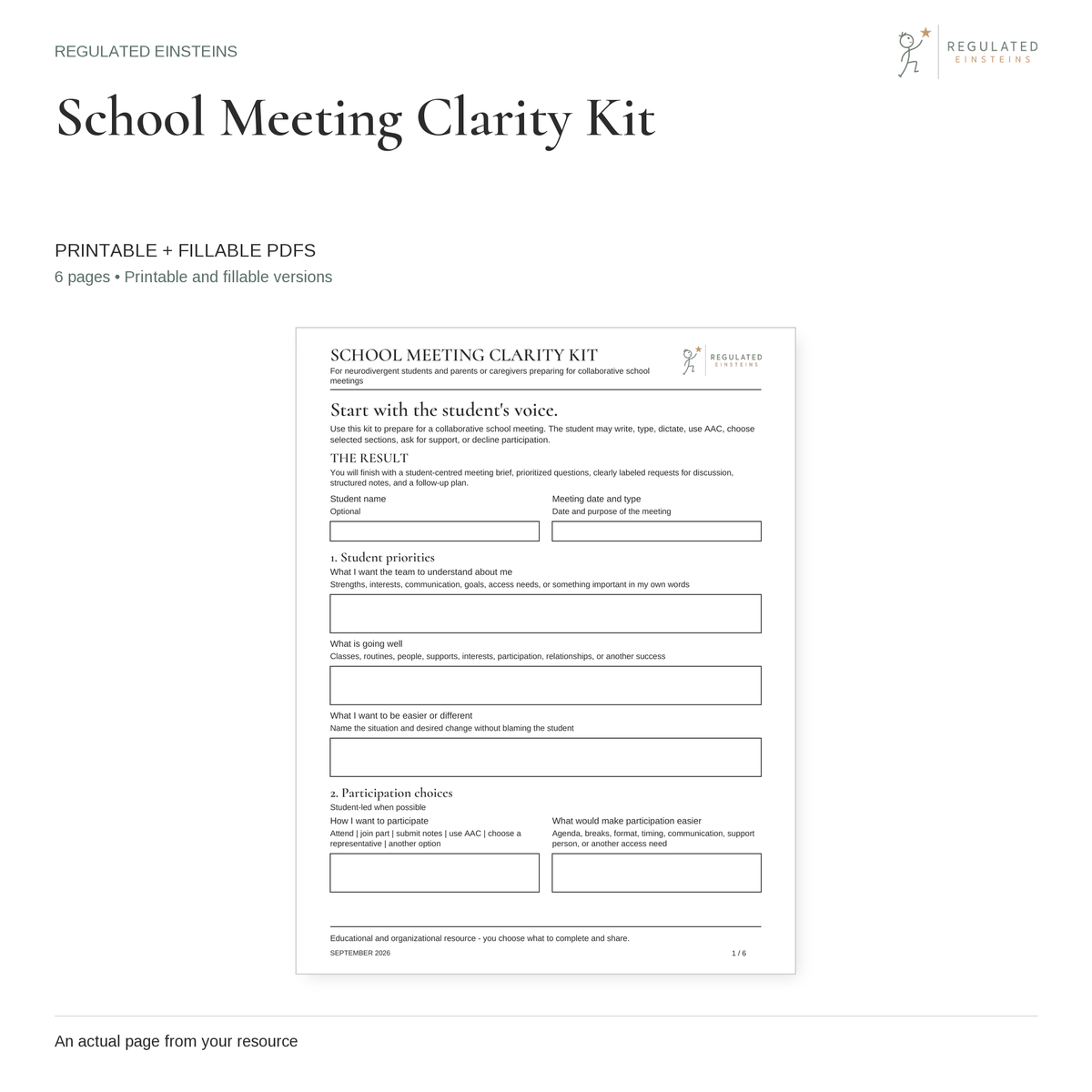 School Meeting Clarity Kit - printable and fillable PDFs, showing the actual opening page