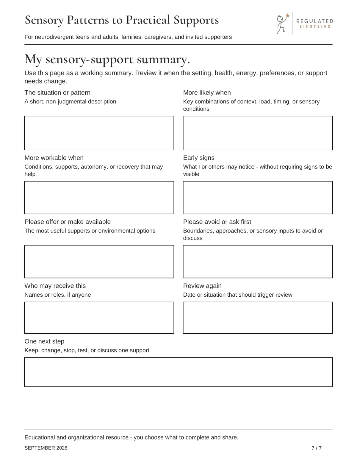 Page 7 of Sensory Patterns to Practical Supports: My sensory-support summary.