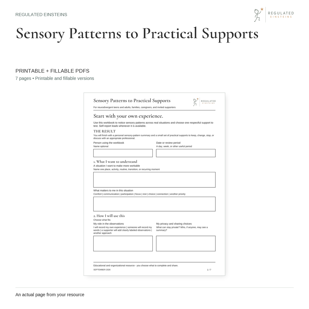Sensory Patterns to Practical Supports - printable and fillable PDFs, showing the actual opening page