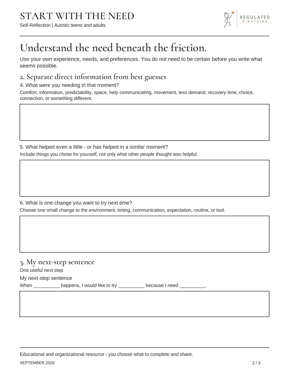 Page 2 of Start with the Need, self-reflection edition: Understand the need beneath the friction.