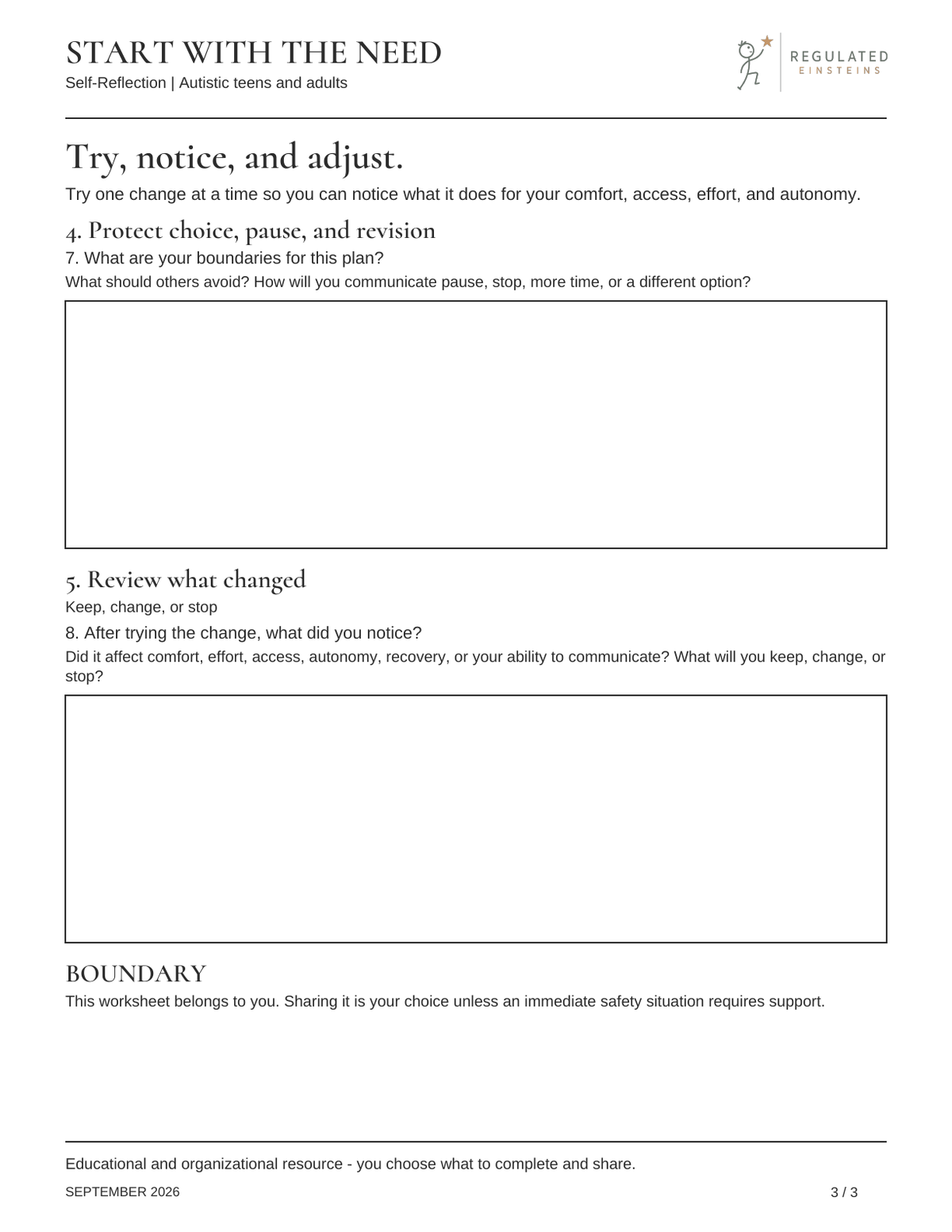 Page 3 of Start with the Need, self-reflection edition: Try, notice, and adjust.