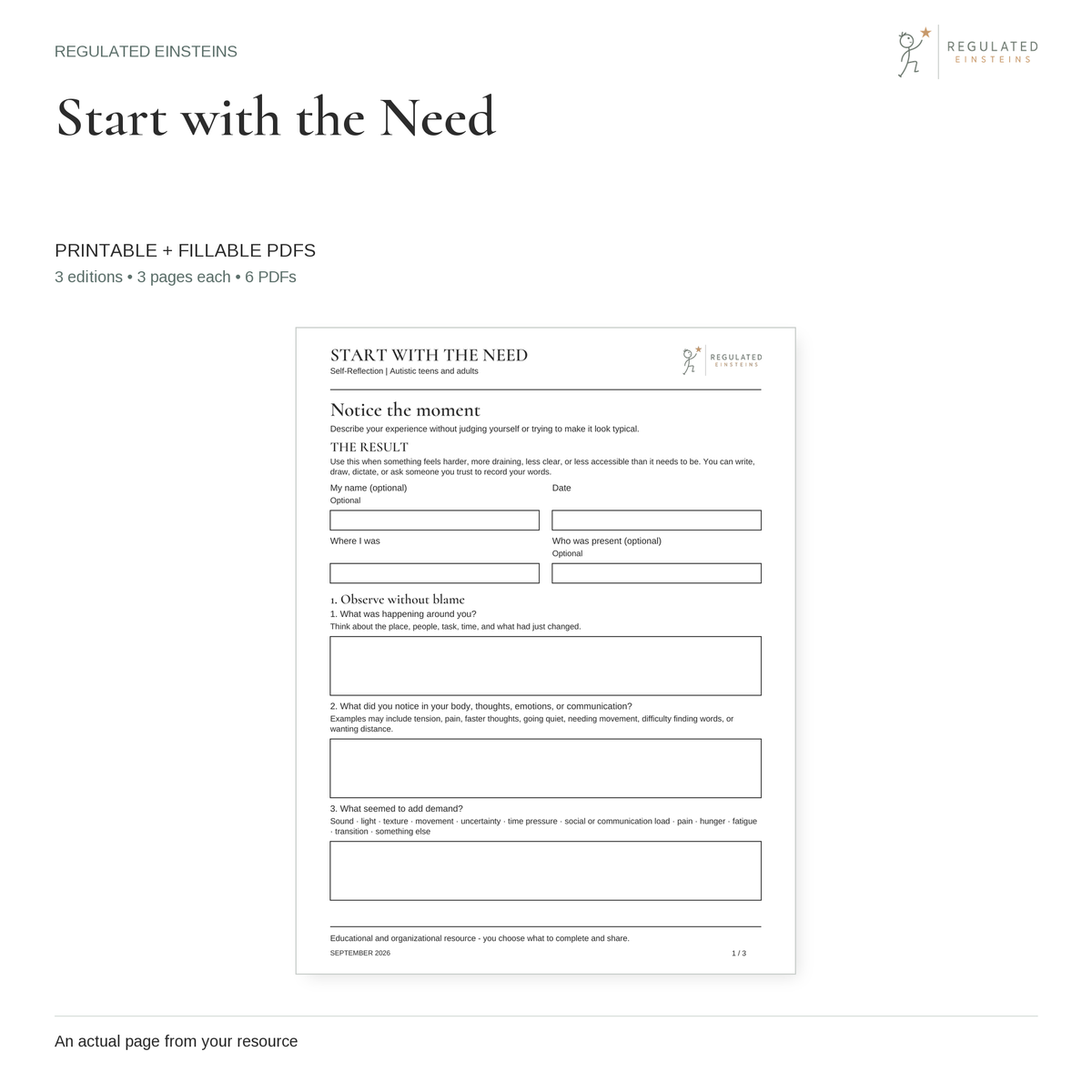 Start with the Need - printable and fillable PDFs, showing the actual opening page, Self-Reflection edition; three editions included