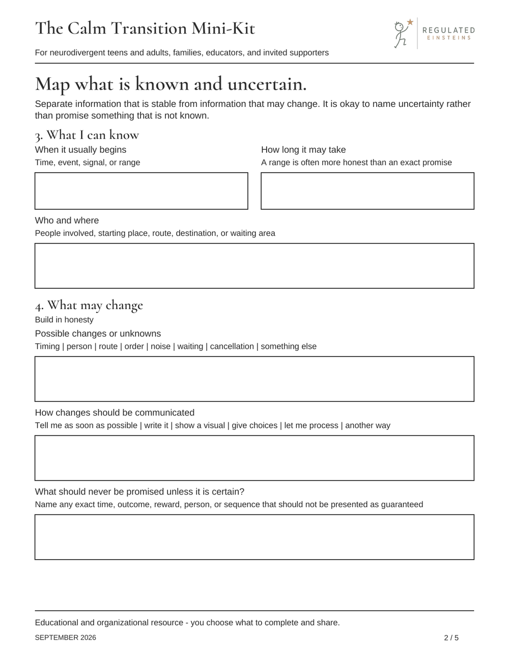 Page 2 of The Calm Transition Mini-Kit: Map what is known and uncertain.