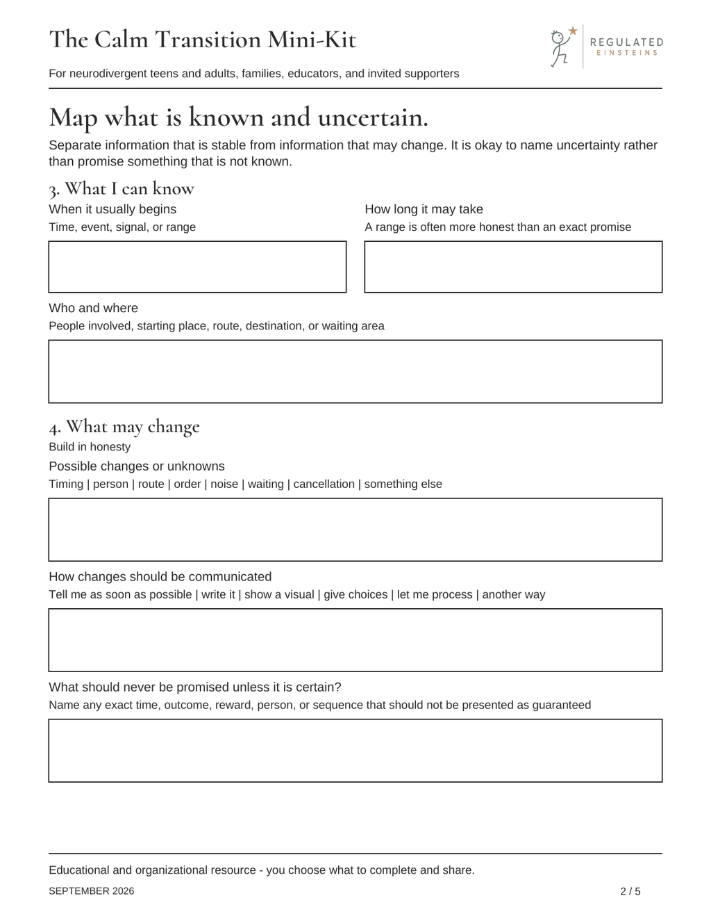 Page 2 of The Calm Transition Mini-Kit: Map what is known and uncertain.