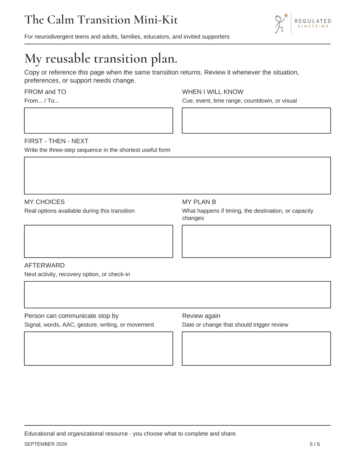 Page 5 of The Calm Transition Mini-Kit: My reusable transition plan.