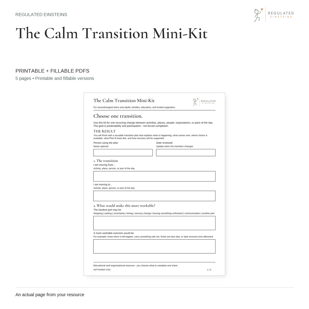 The Calm Transition Mini-Kit - printable and fillable PDFs, showing the actual opening page