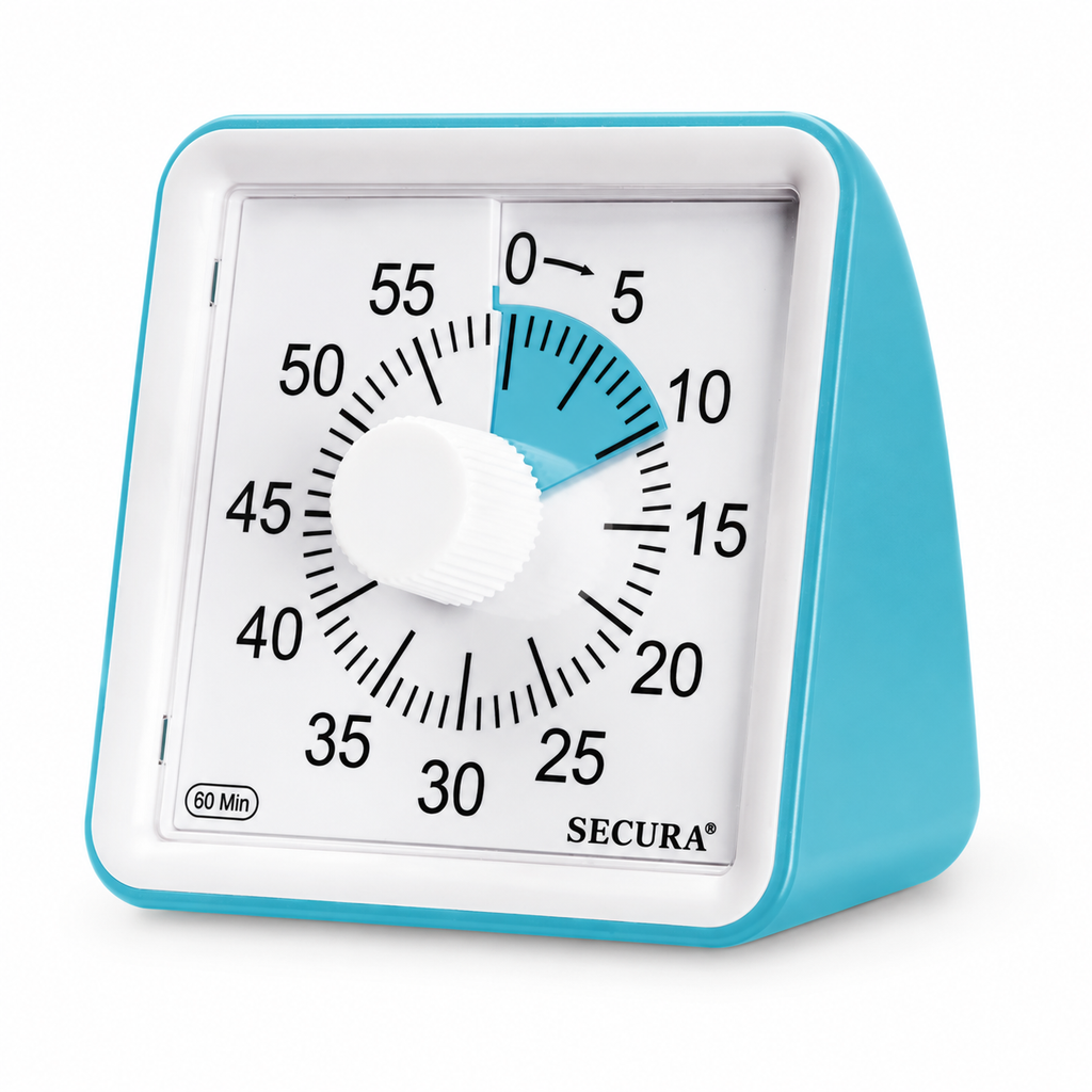 Blue Secura 60-minute visual timer with a white dial and blue countdown disc on a white background.