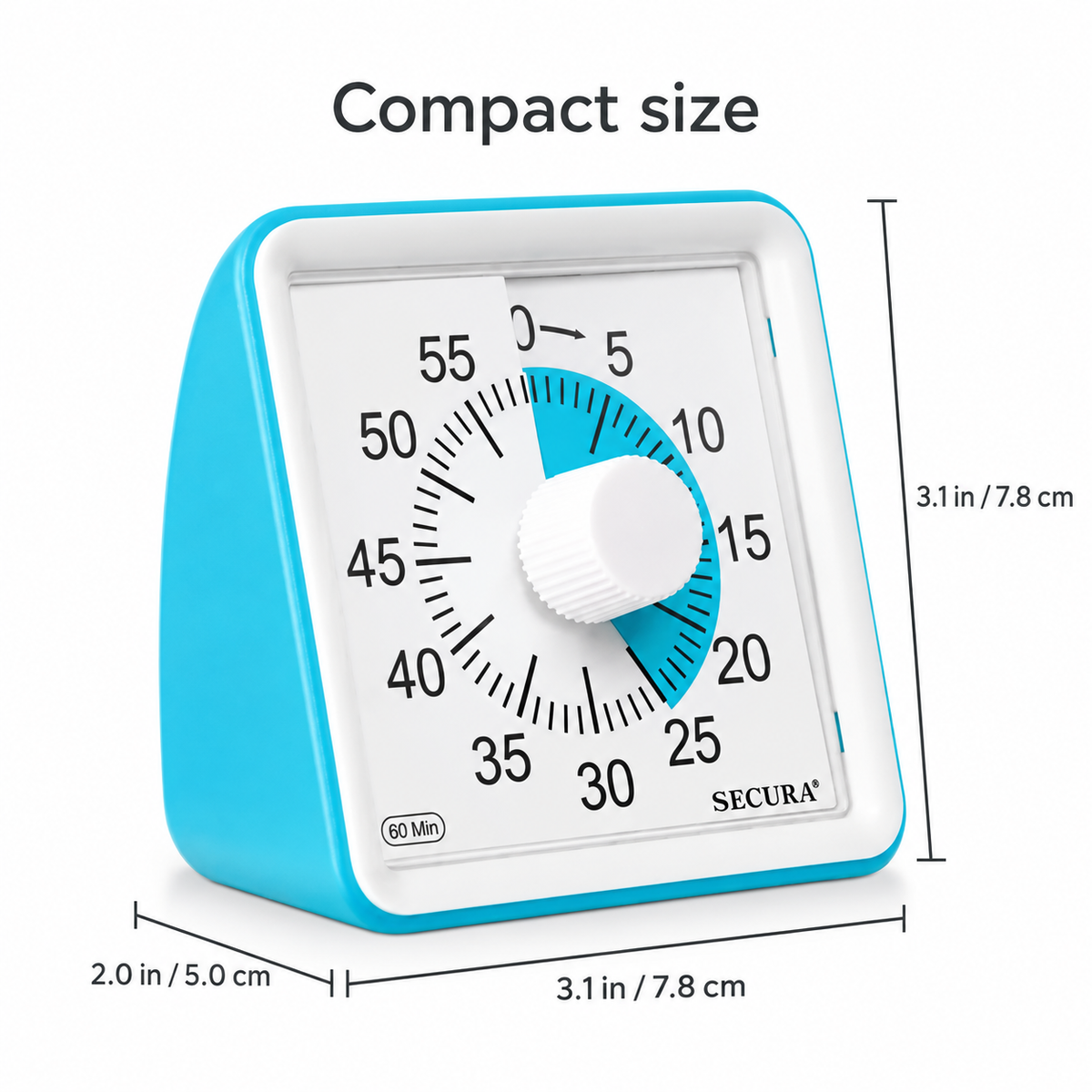 Blue Secura timer size guide: 3.1 inches wide, 3.1 inches high and 2 inches deep.