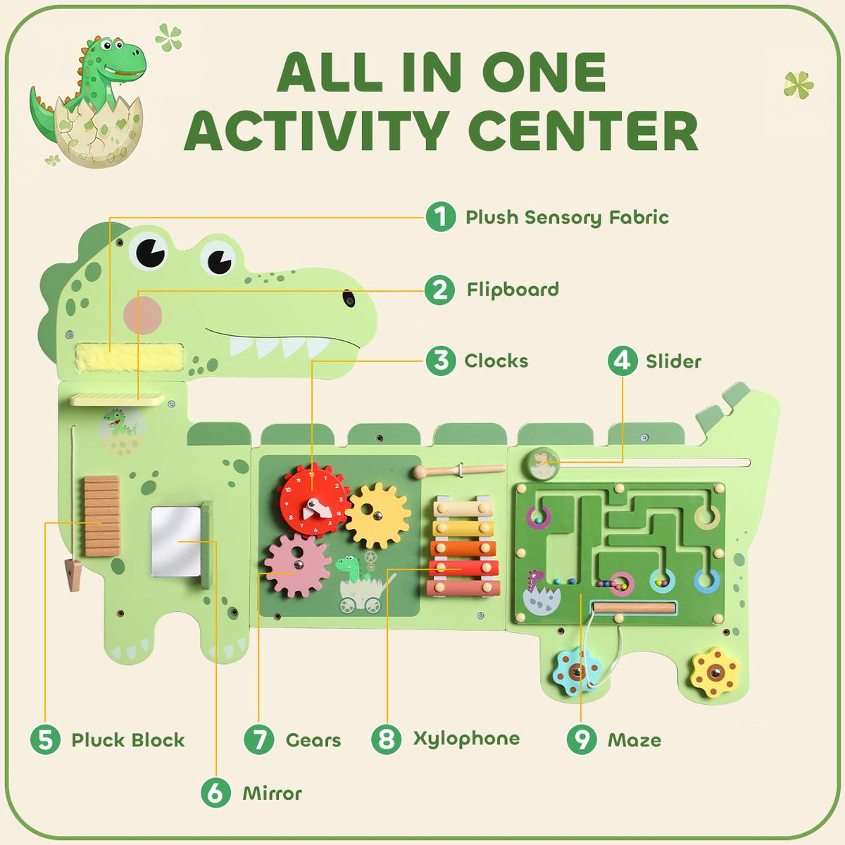 Activity guide showing the dinosaur busy board's fabric, flipboard, clock, slider, mirror, gears, xylophone and maze.