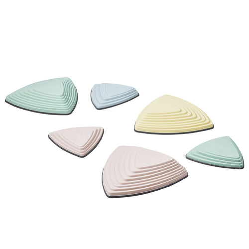 Overhead view of six triangular balance stepping stones in mint, pink, blue and yellow.