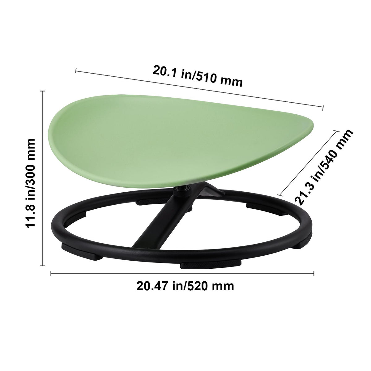 Dimension diagram of the green VEVOR spinning seat and base.