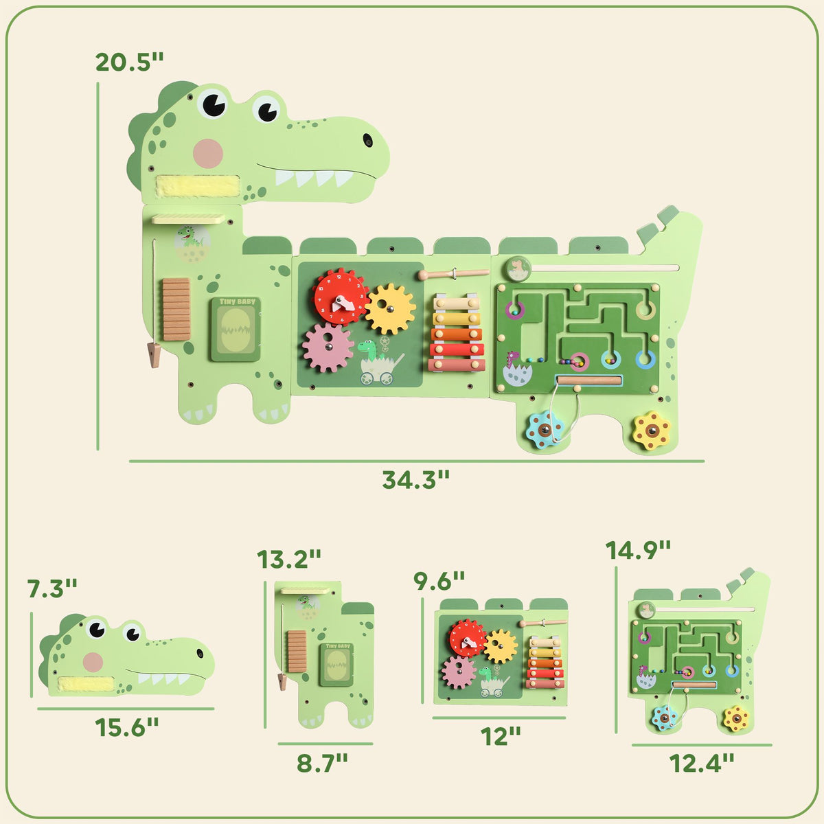 Dimensions of the assembled dinosaur wall busy board and its four separate panels.